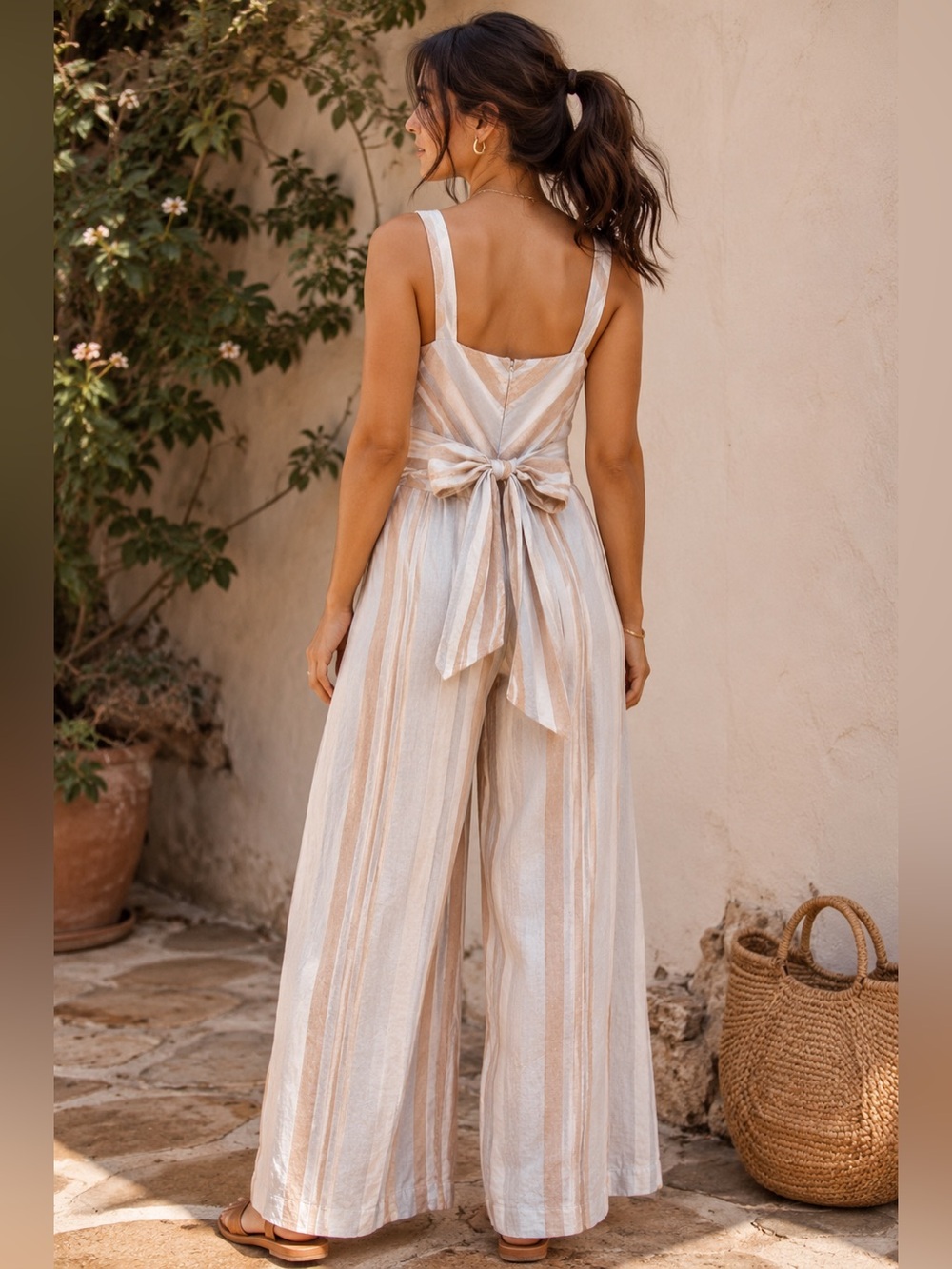 Anthropologie Savannah Striped Linen Blend Wide Leg Jumpsuit L